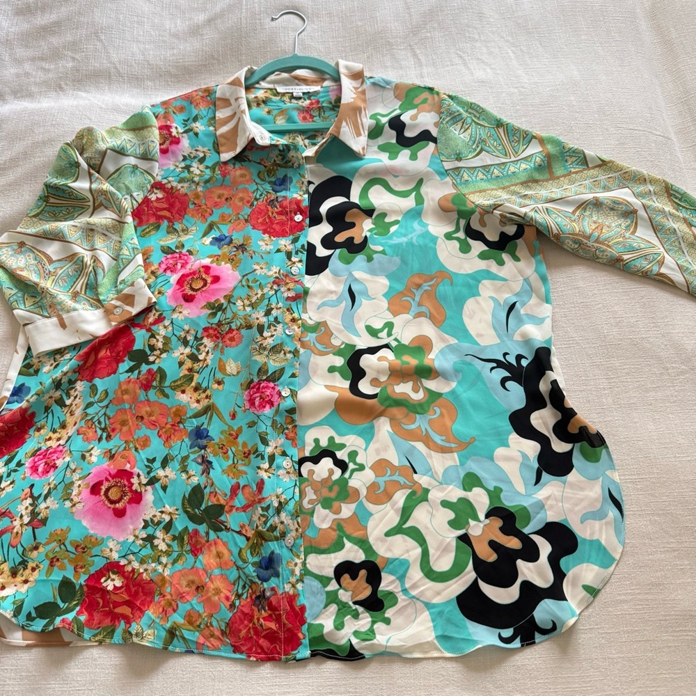 Rose+Olive Flowy Button Front Patchwork Tunic Blo… - image 6